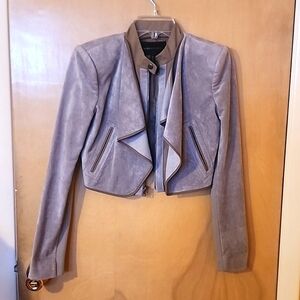 BCBG suede cropped jacket grey with beige trim size xxs